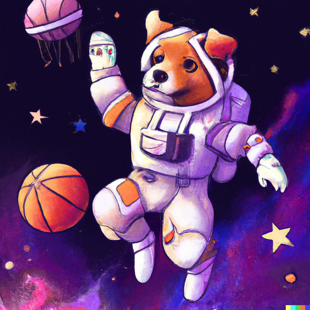 Prompt: Cute dog in a space suit and in front of a nebula playing basketball 