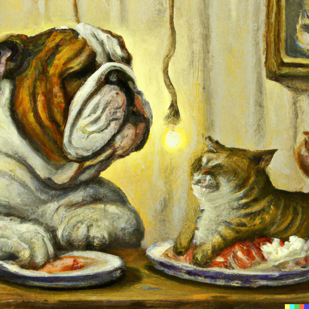 Prompt: A funny bulldog oil painting satisfied with dinner with cat