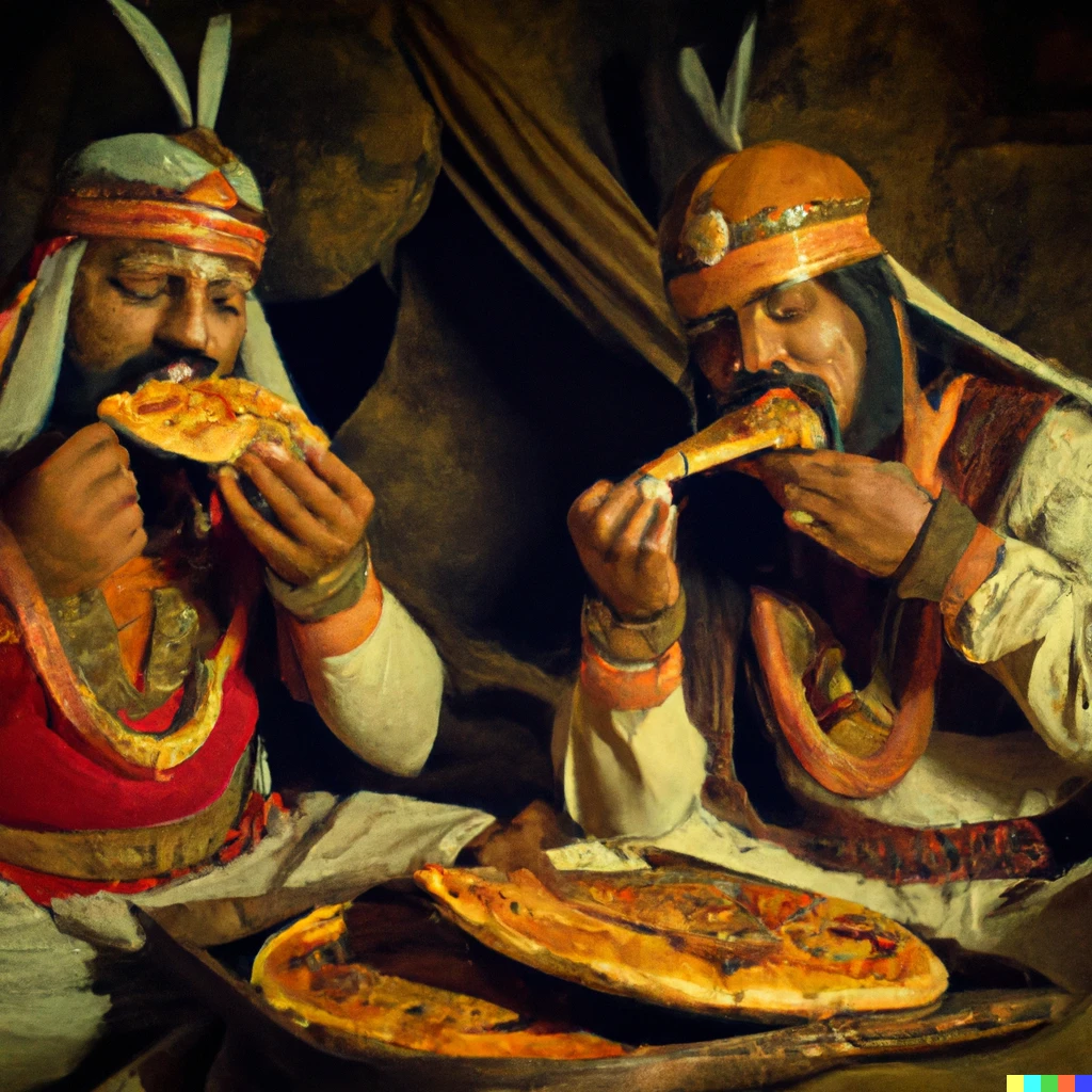 Prompt: Medieval warriors in India eating pizza.