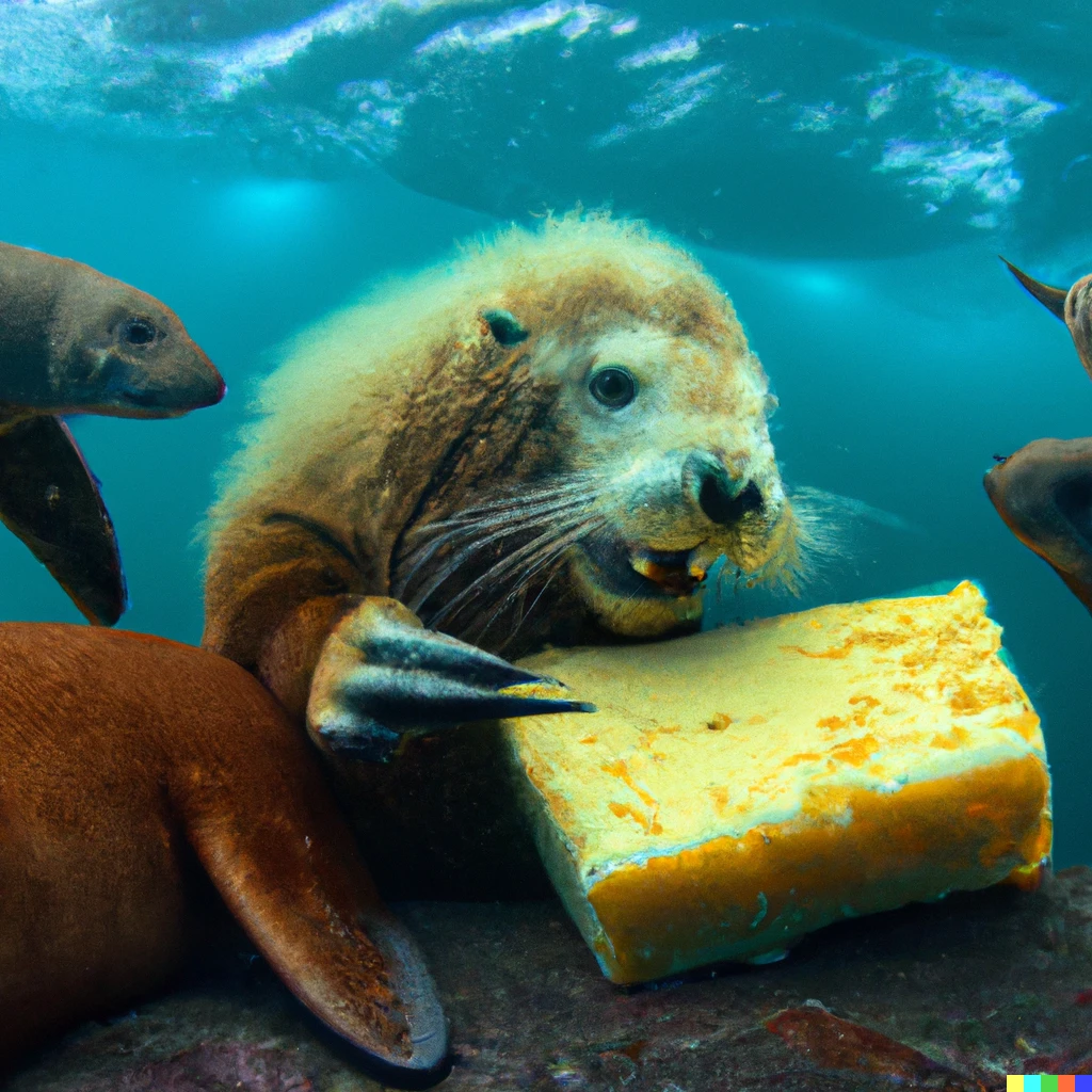 Prompt: Fuzzy dragon eating a block of cheese underwater with sea lions 