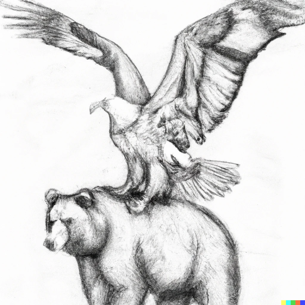 Prompt: Eagle standing on the back of a bear wings spread wide pencil drawing