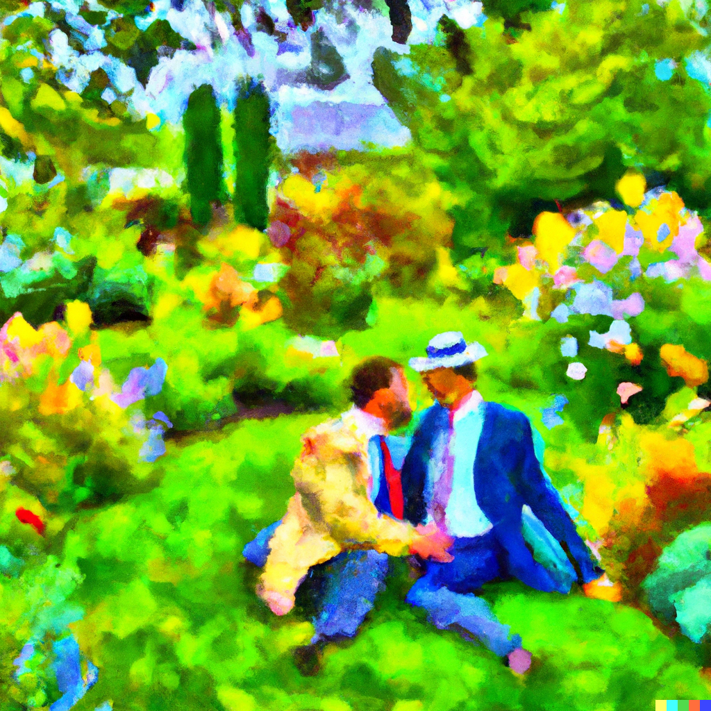 Cassie × Dall·e 2 Men In Love In The Garden In The Style Of Claude Monetm Detailed Vibrant