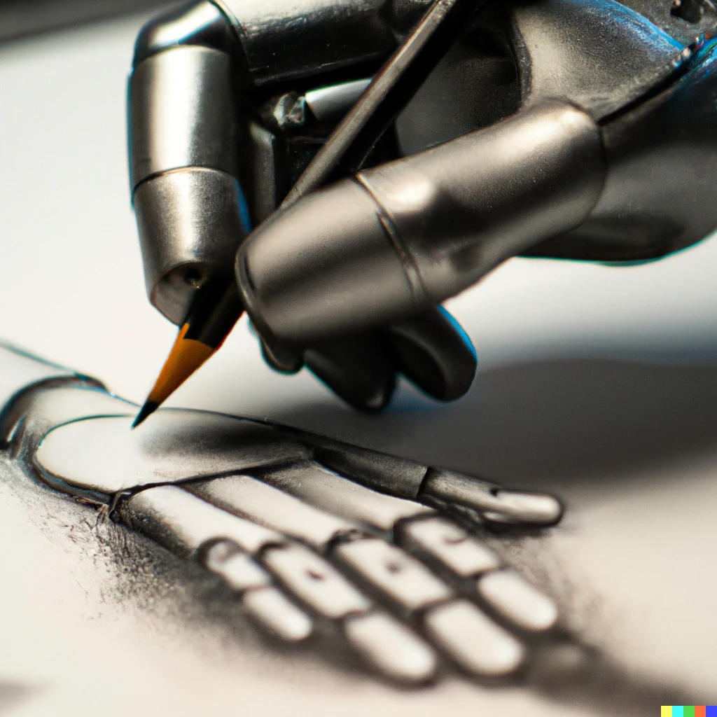 Prompt: A photo of a robot hand drawing, digital art
