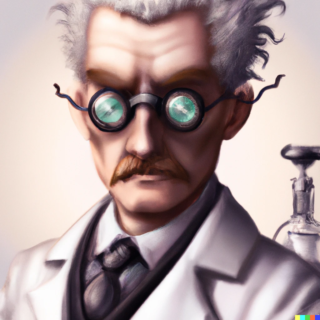 Prompt: A realistic illustration of a steampunk mad scientist in a white lab coat. Digital art. Head shot