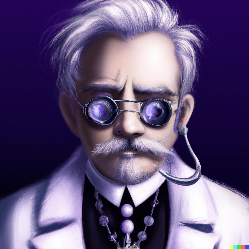 Prompt: “A realistic illustration of a steampunk mad scientist in a white lab coat with purple glasses. digital art, head shot”