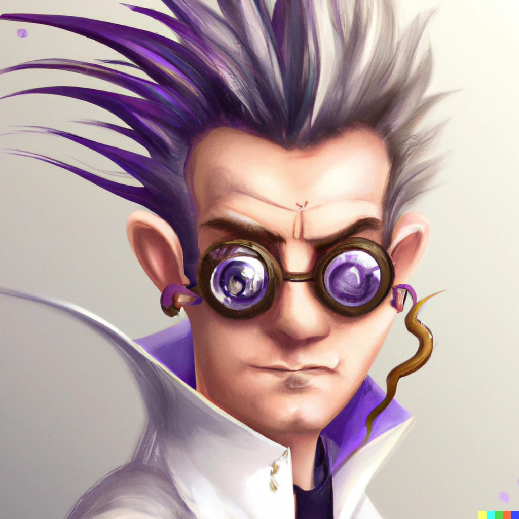 Prompt: A realistic illustration of a steampunk mad scientist in a white lab coat with purple glasses and spiky hair. digital art, head shot