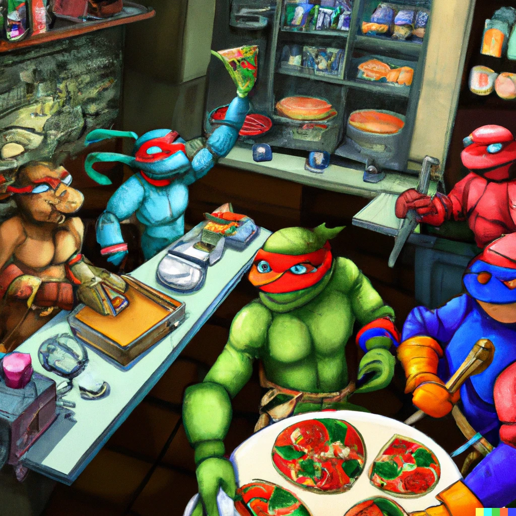 Prompt: Teenage Mutant Ninja Turtles works in a Pizza restaurant, Some of them making pizzas and others delivers. Digital art