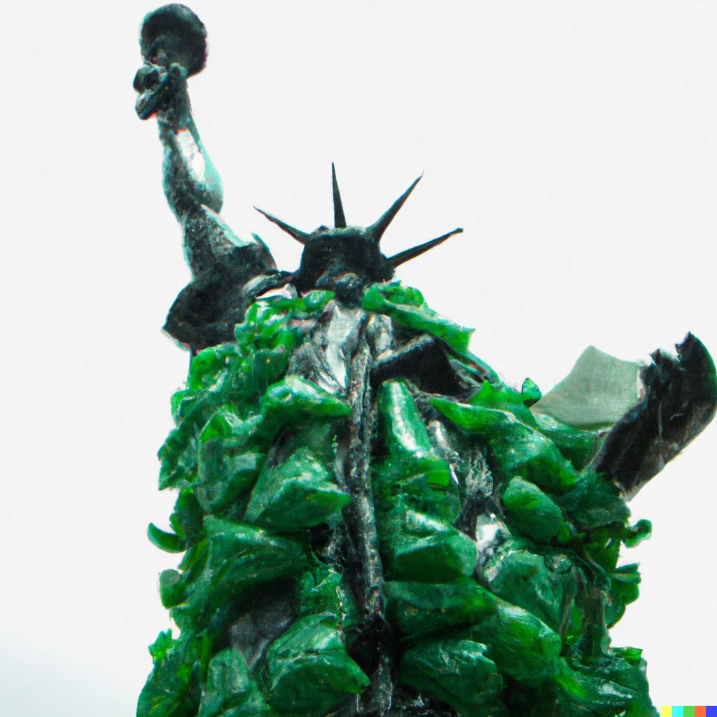 Prompt: Statue of Liberty made out of green garbage bags highly detailed photography realistic