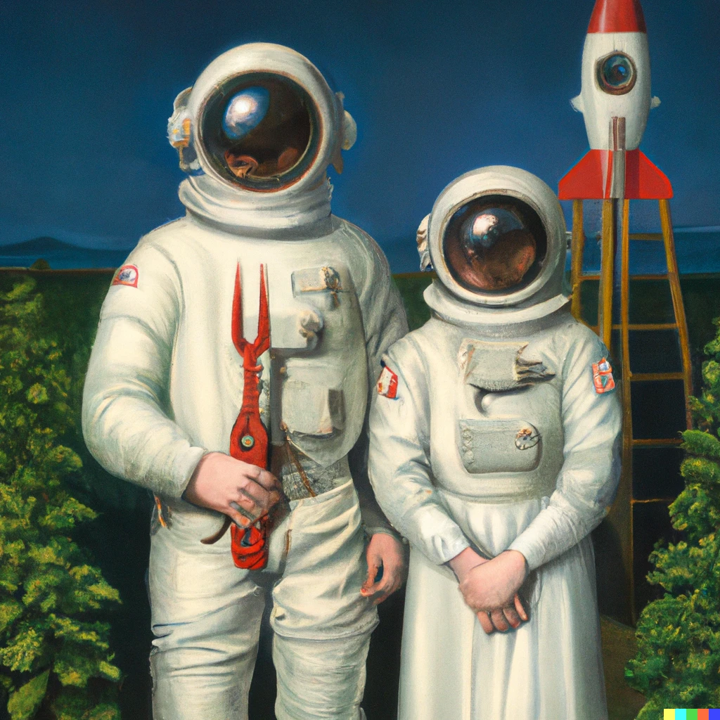 Prompt: A painting by grant wood of an astronaut couple, American gothic style