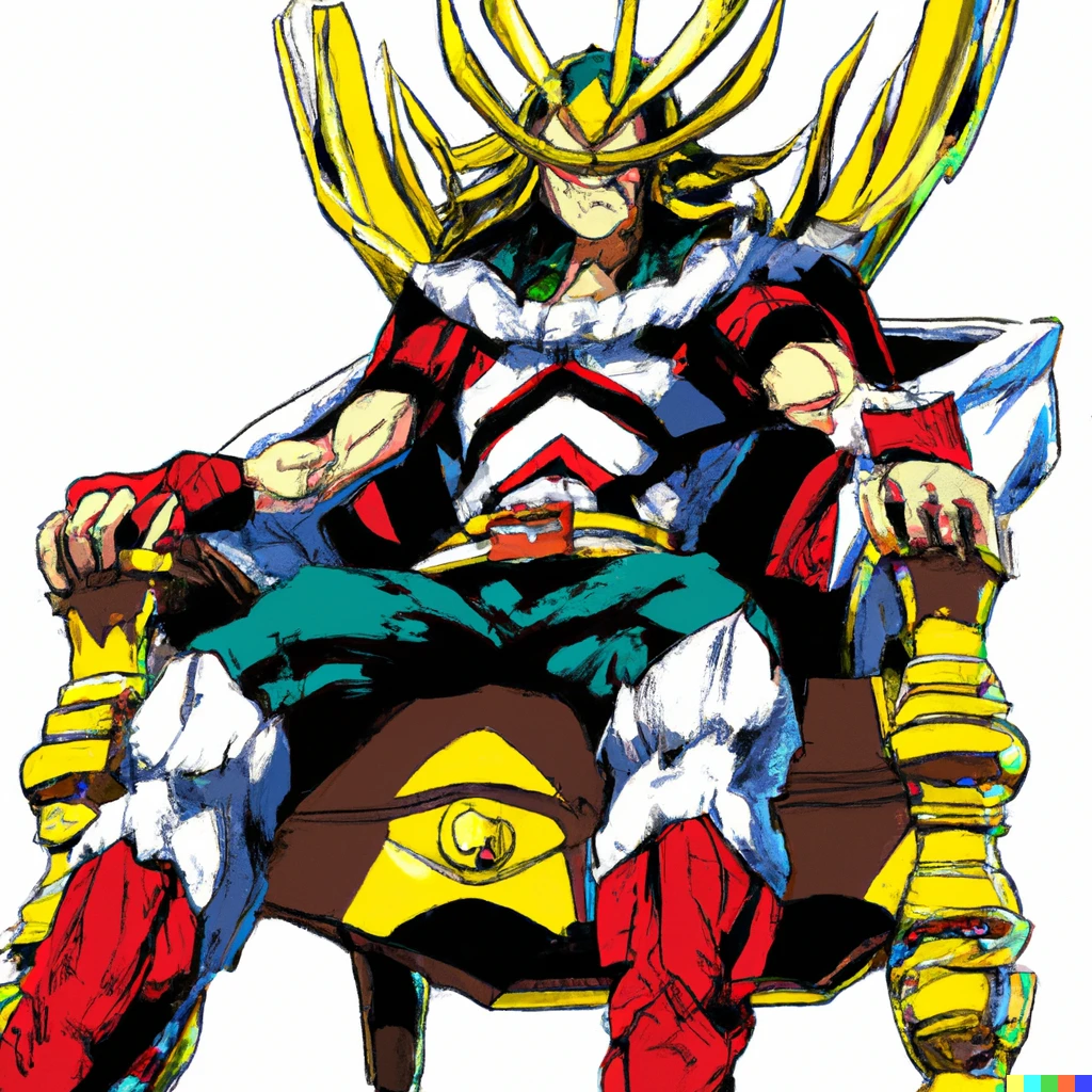 Prompt: all might by my hero academia sitting on a throne, yusuke murata art