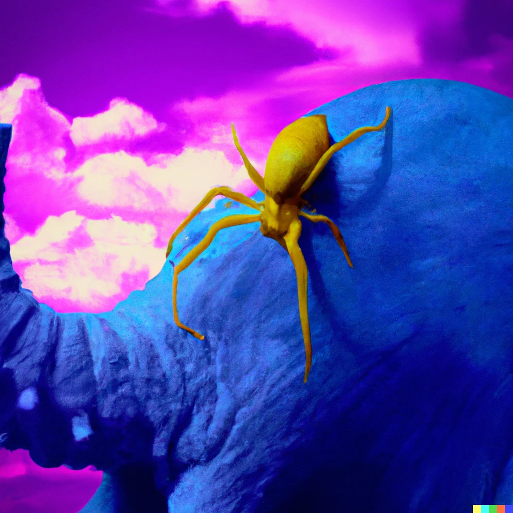 Prompt: Photo of a yellow spider sitting in a blue elephant with a purple Background and grenat fine Clouds