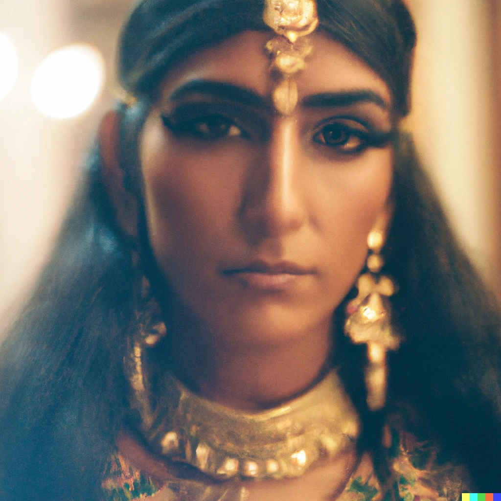 Prompt: Portrait of  Cleopatra , captured in low light with a soft focus. She wears a beautiful dresse and jewellery. There is a gentle brown hue to the image, and the her features are lightly blurred. Cinestill 800