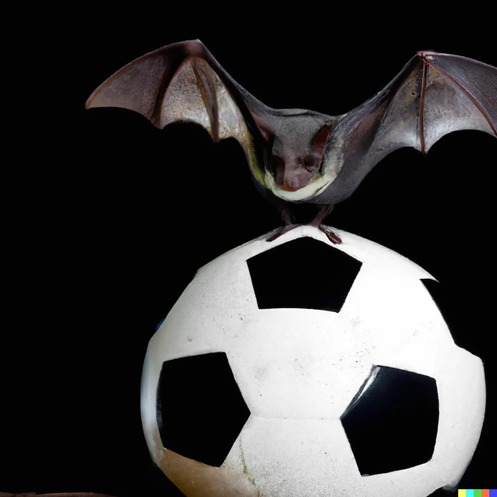 Prompt: A real bat standing on a soccer ball