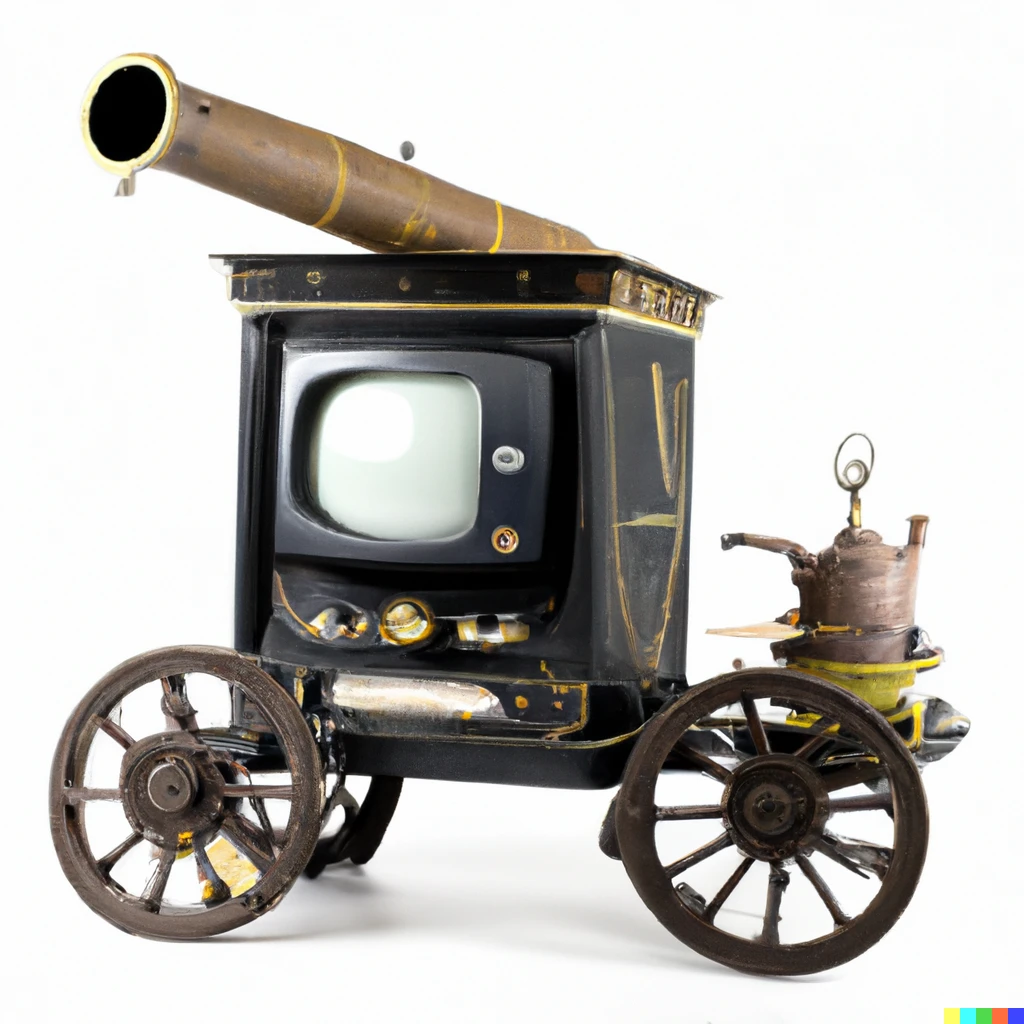 Prompt: Steampunk old tv with wheels and a cannon