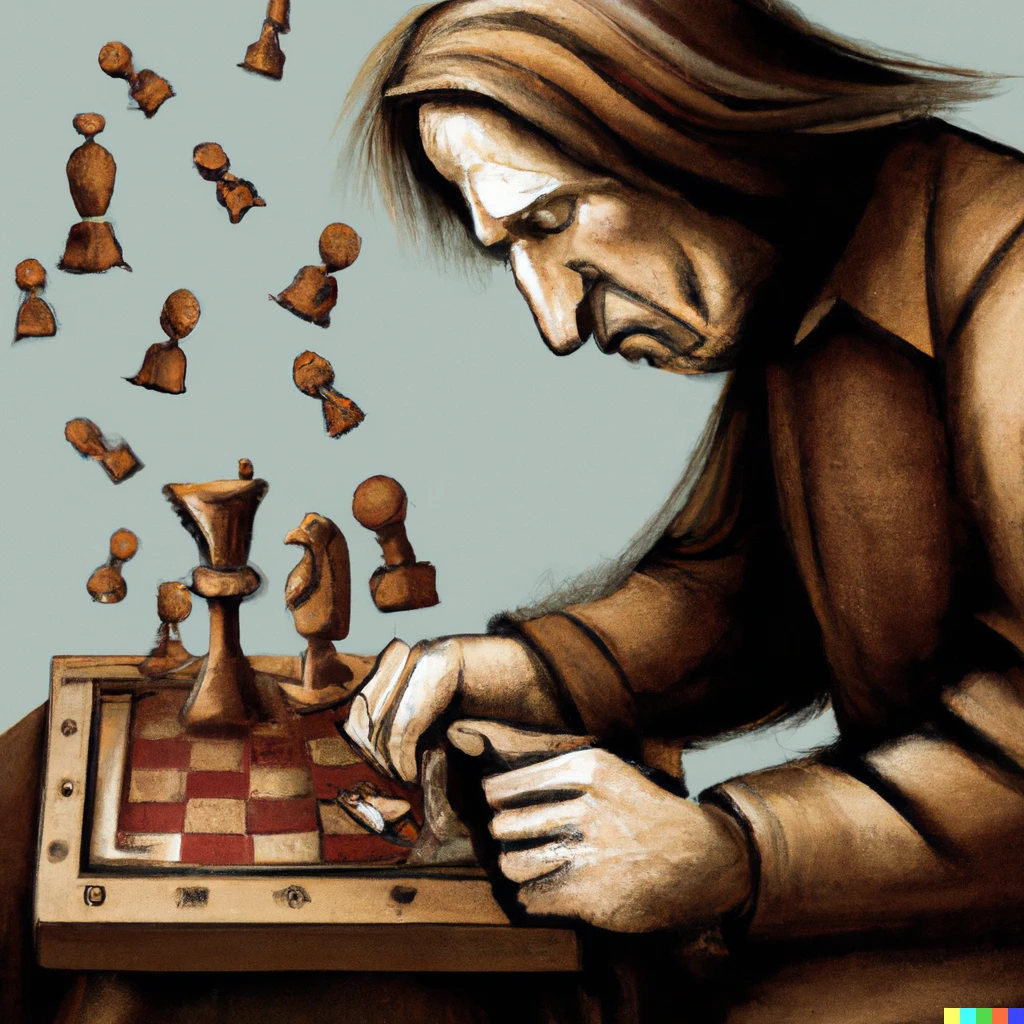 Prompt: Bobby Fischer playing chess by da Vinci 