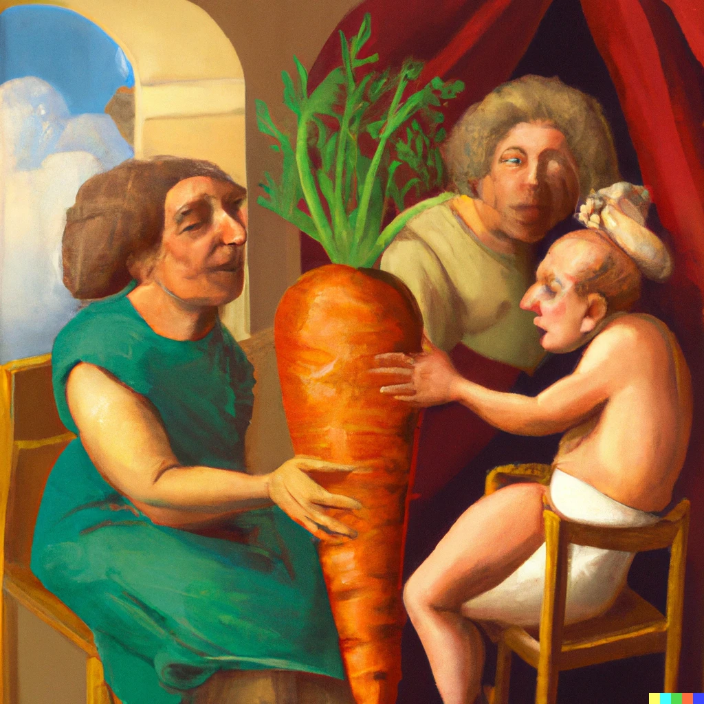 Prompt: award winning with famous cast theater play about a carrot with memory issues, painted by Raphael