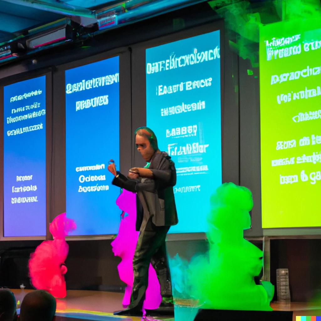 Prompt: a photo of Anders Norås giving an engaging lecture with colourful slides about vapourware at the JavaZone conference in a conference center.