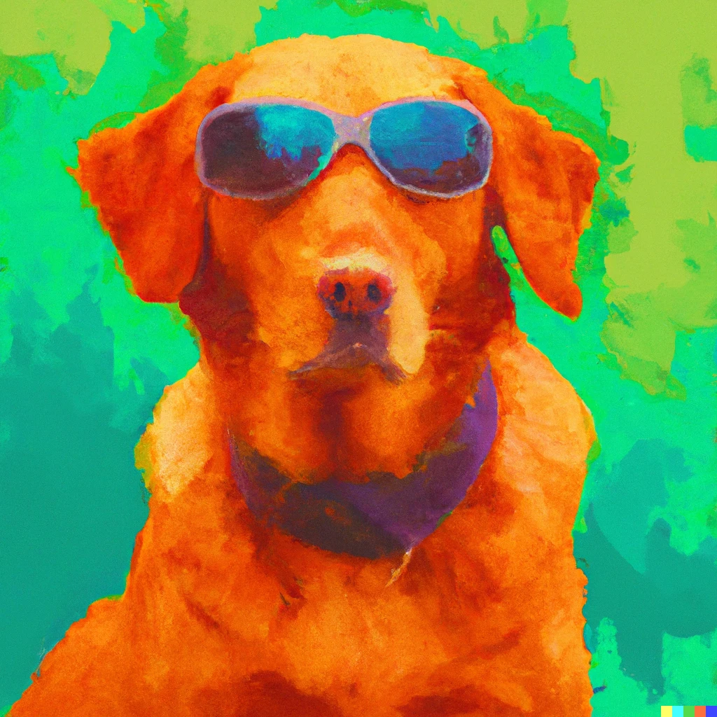 Prompt: A fox red Labrador sitting while wearing sunglasses in the style of modern Impressionism.