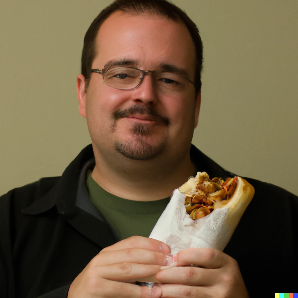 Prompt: Picture of John Scalzi holding a burrito. 