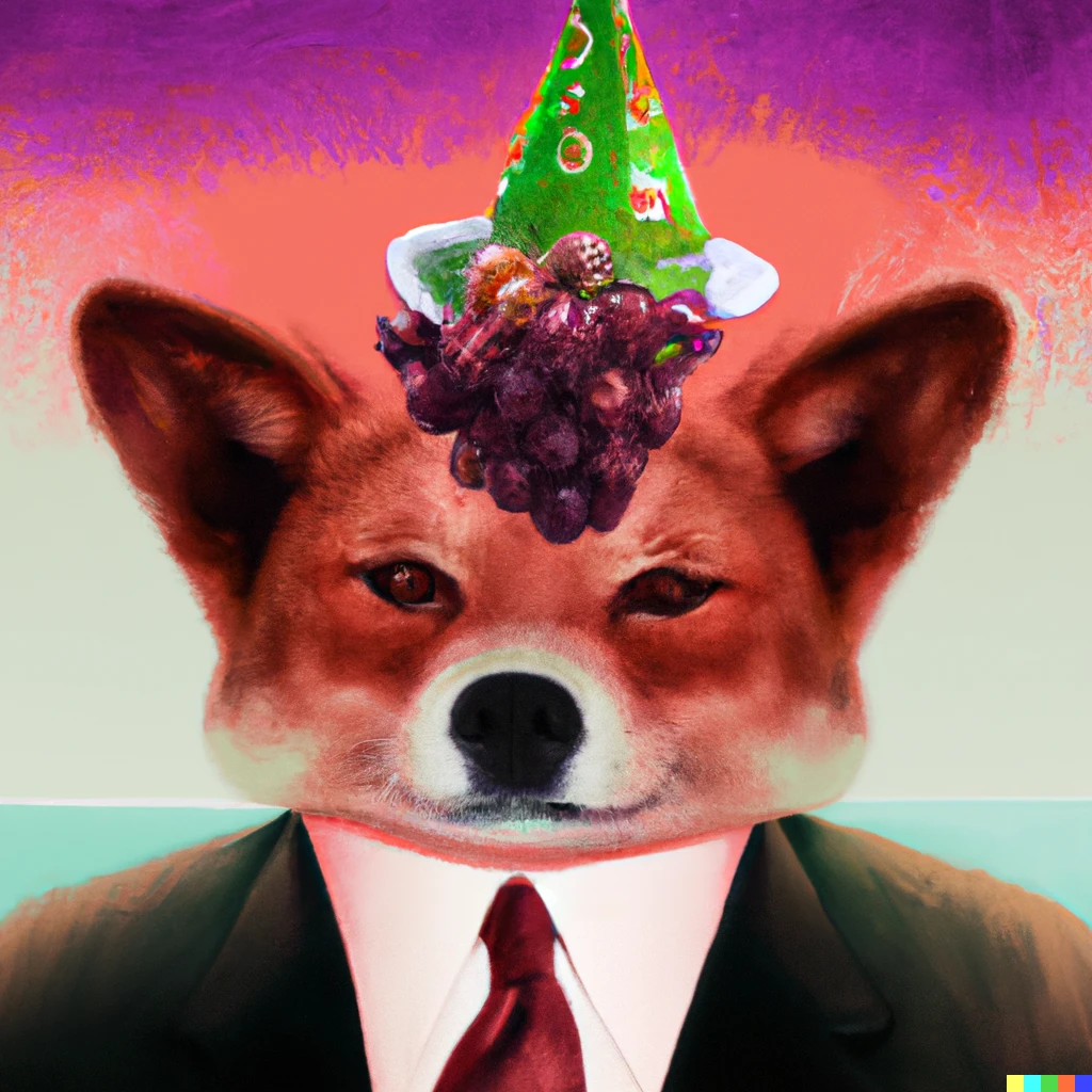 Prompt: a corgi wearing a suit at the beach, with grapes and a green party hat on its head