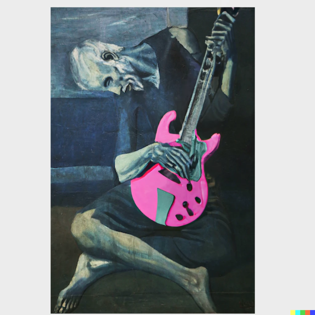 Prompt: a man playing a neon pink electric guitar