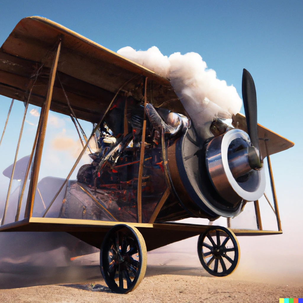 Prompt: Photorealistic steampunk steam 
powered freight airplane