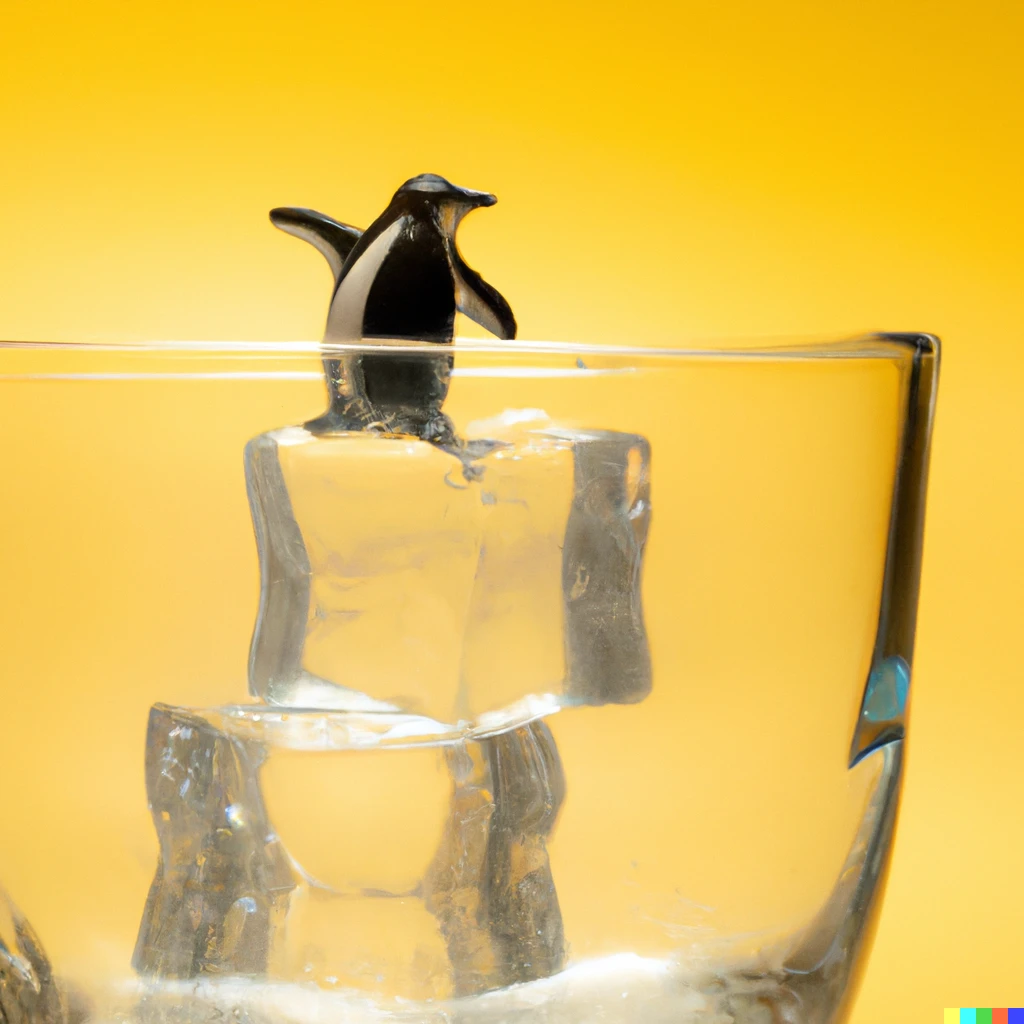 Prompt: tiny cute penguin sitting on an ice cube that is floating in a clear glass of Coke viewed from the side. yellow background,. award-winning, macro 