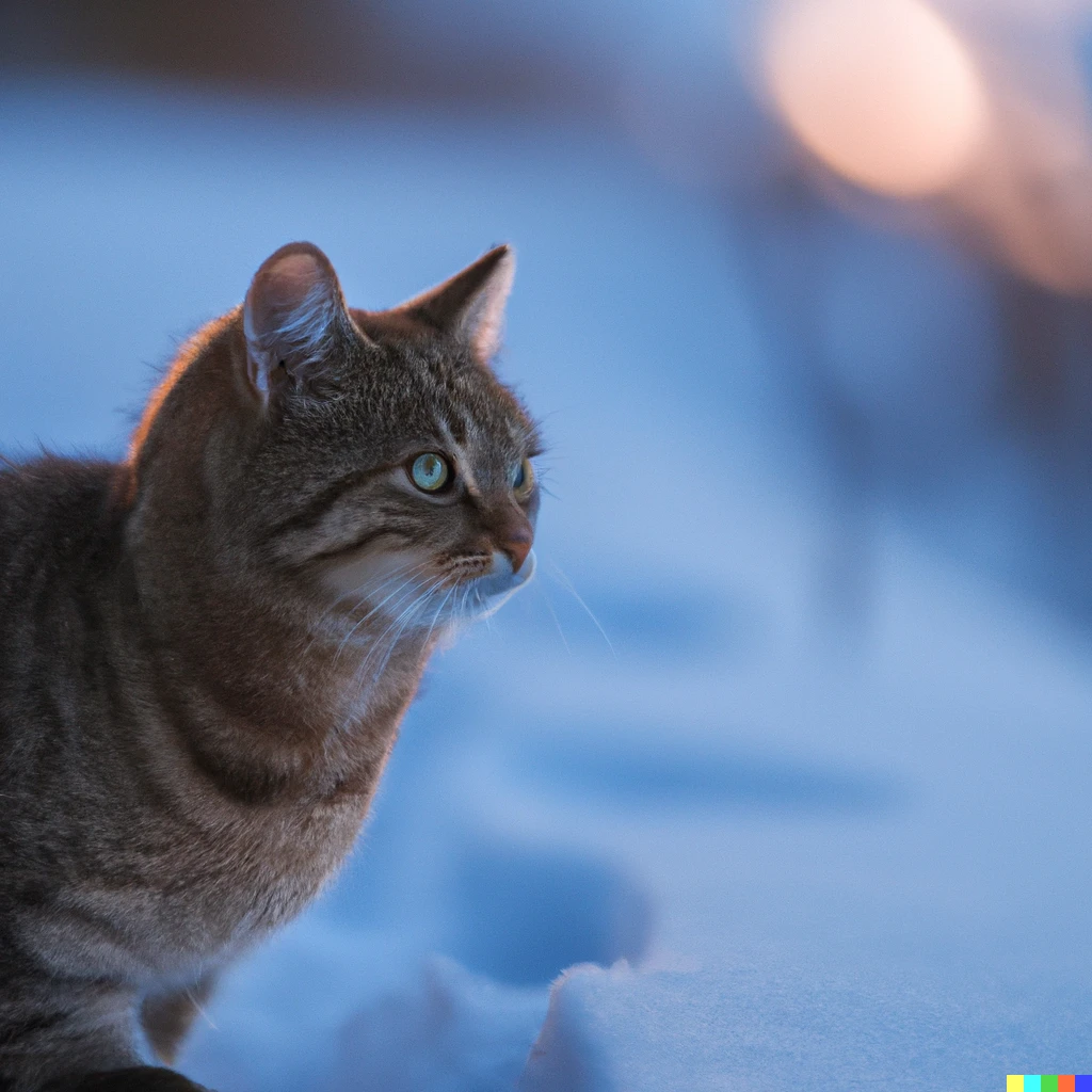 Prompt: a beautiful portrait of a cat in the snow during sunrise, Sigma 85mm f/2, 
