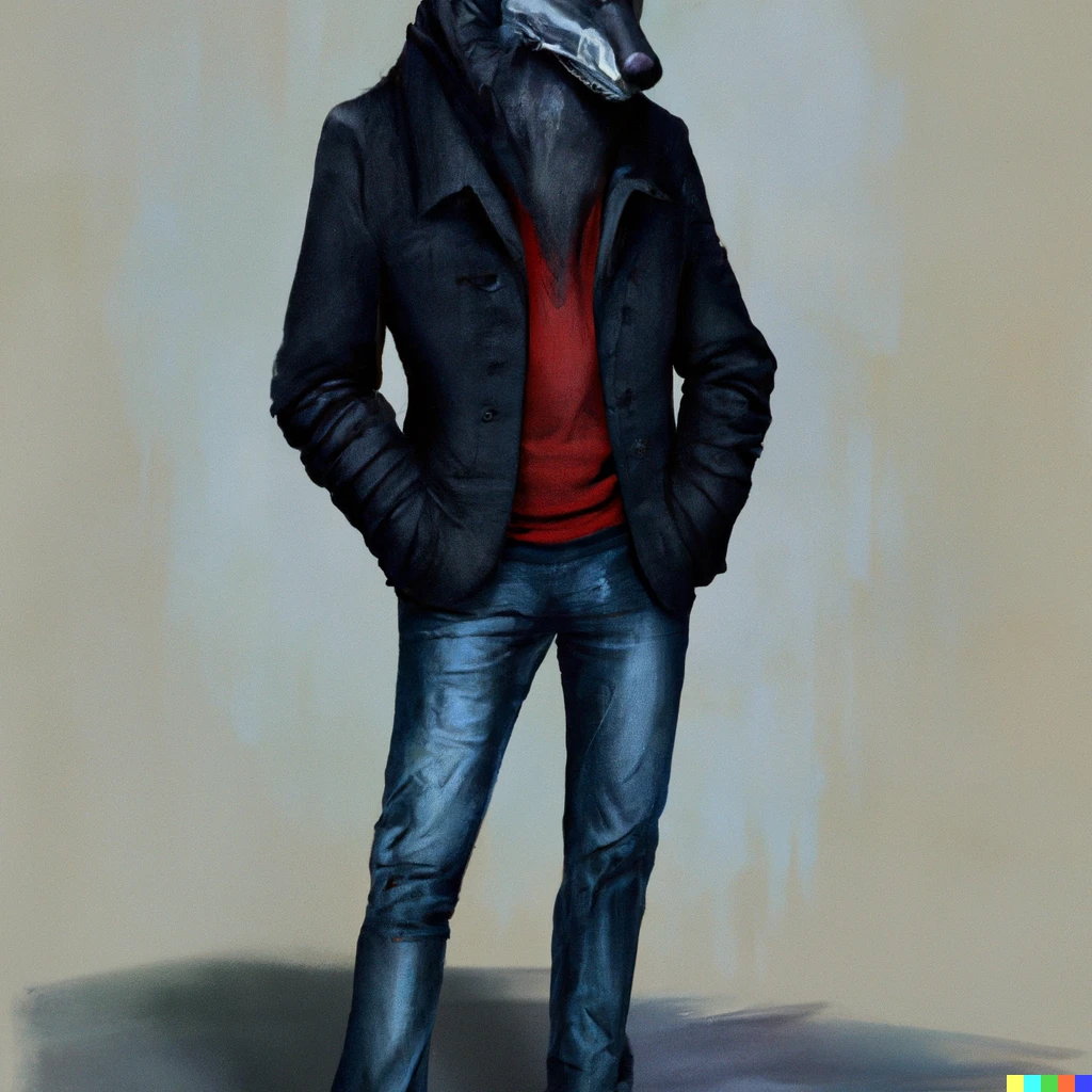 Prompt: A realistic painting of an anthropomorphic dark grey wolf with dark blue hair, red eyes and wearing a black trenchcoat, red flannel, blue jeans and black boots