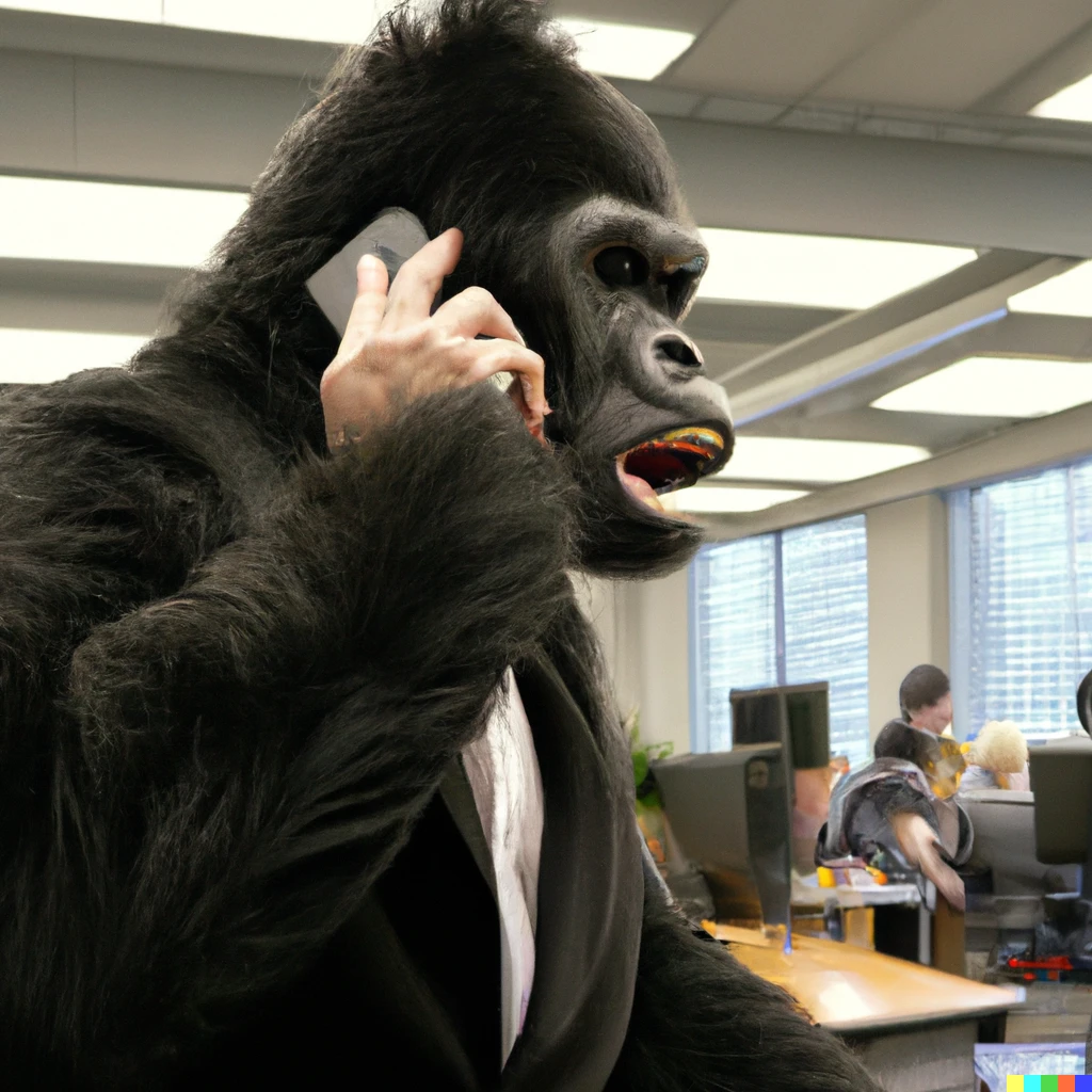 Prompt: Gorilla CEO talking angrily on the phone in busy office