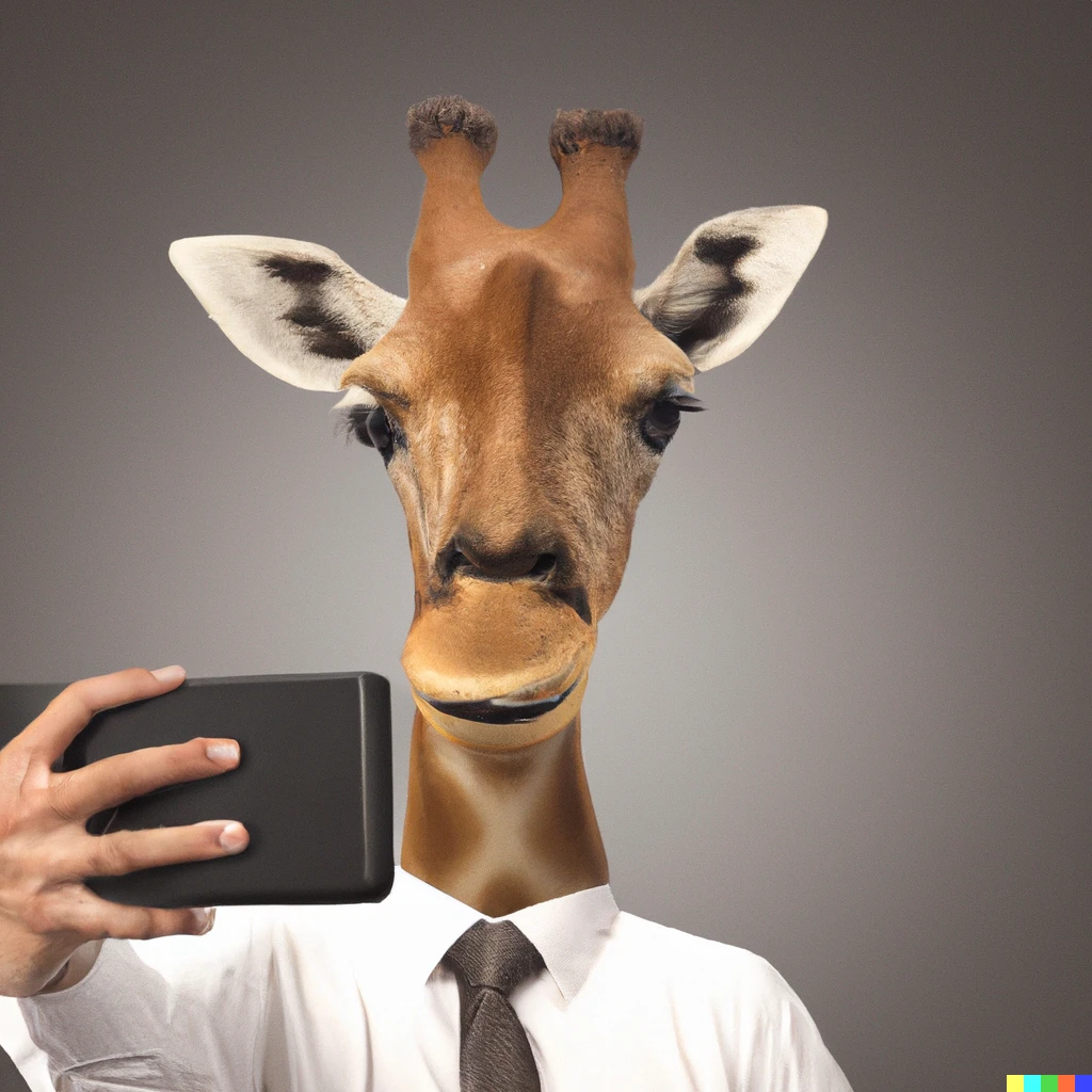 Prompt: Selfie photo of giraffe lawyer