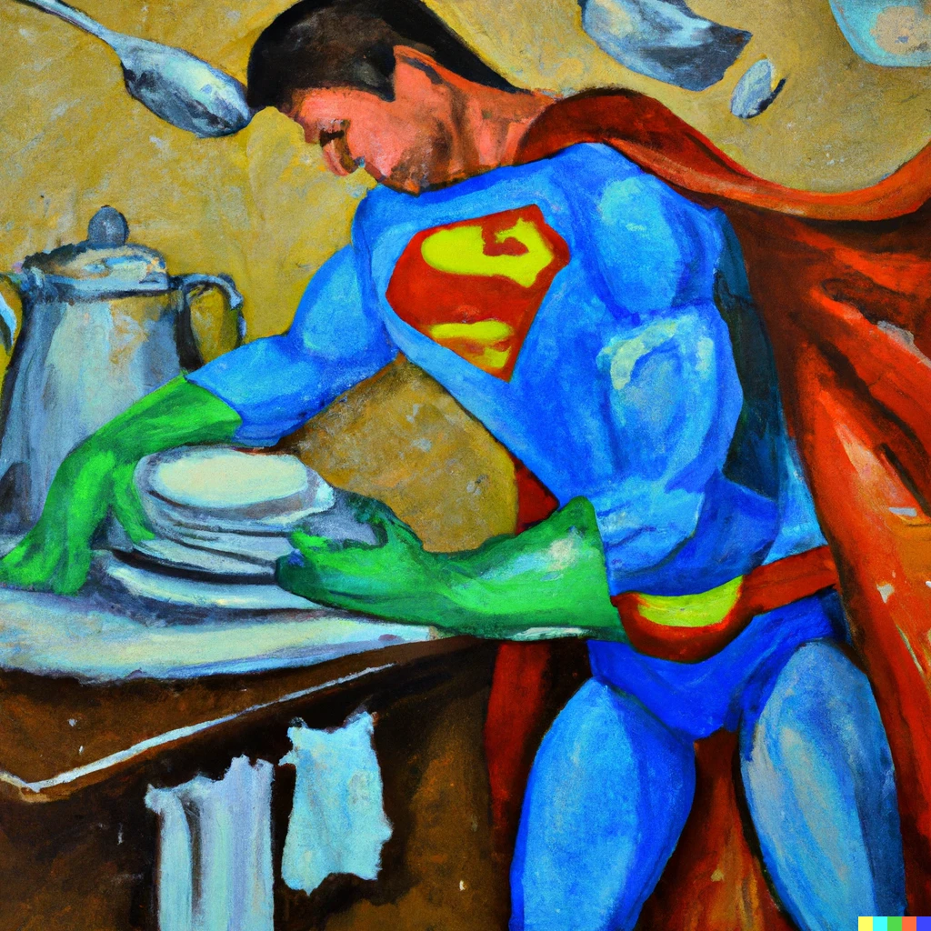 Prompt: oil painting superman doing the dishes