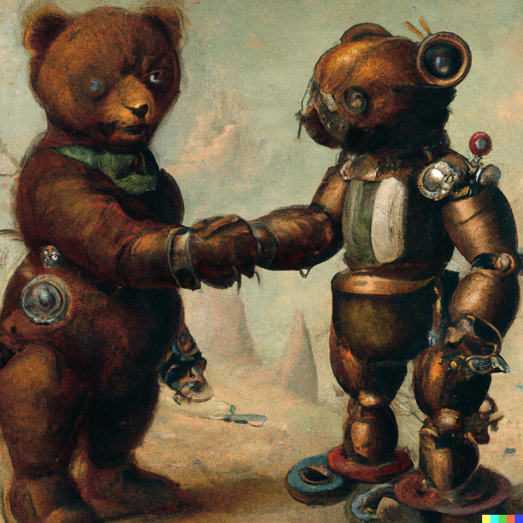 Prompt: 19th century painting of two cyborg teddy bears shaking hands seriously