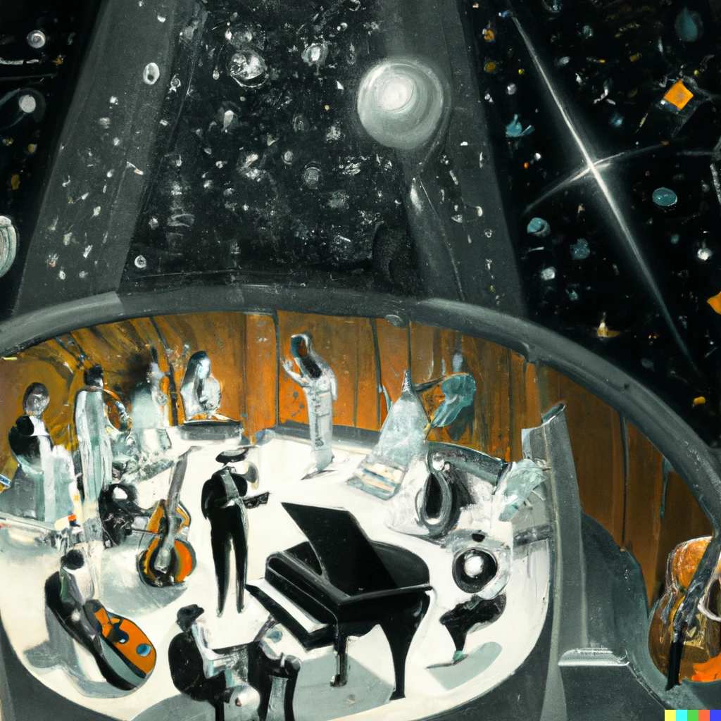 Prompt: An Art Deco concert in space