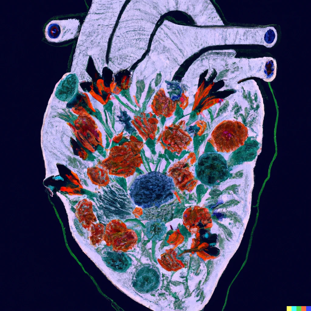 Prompt: A human heart made of flowers in the style of a medical illustration framed in x-ray light