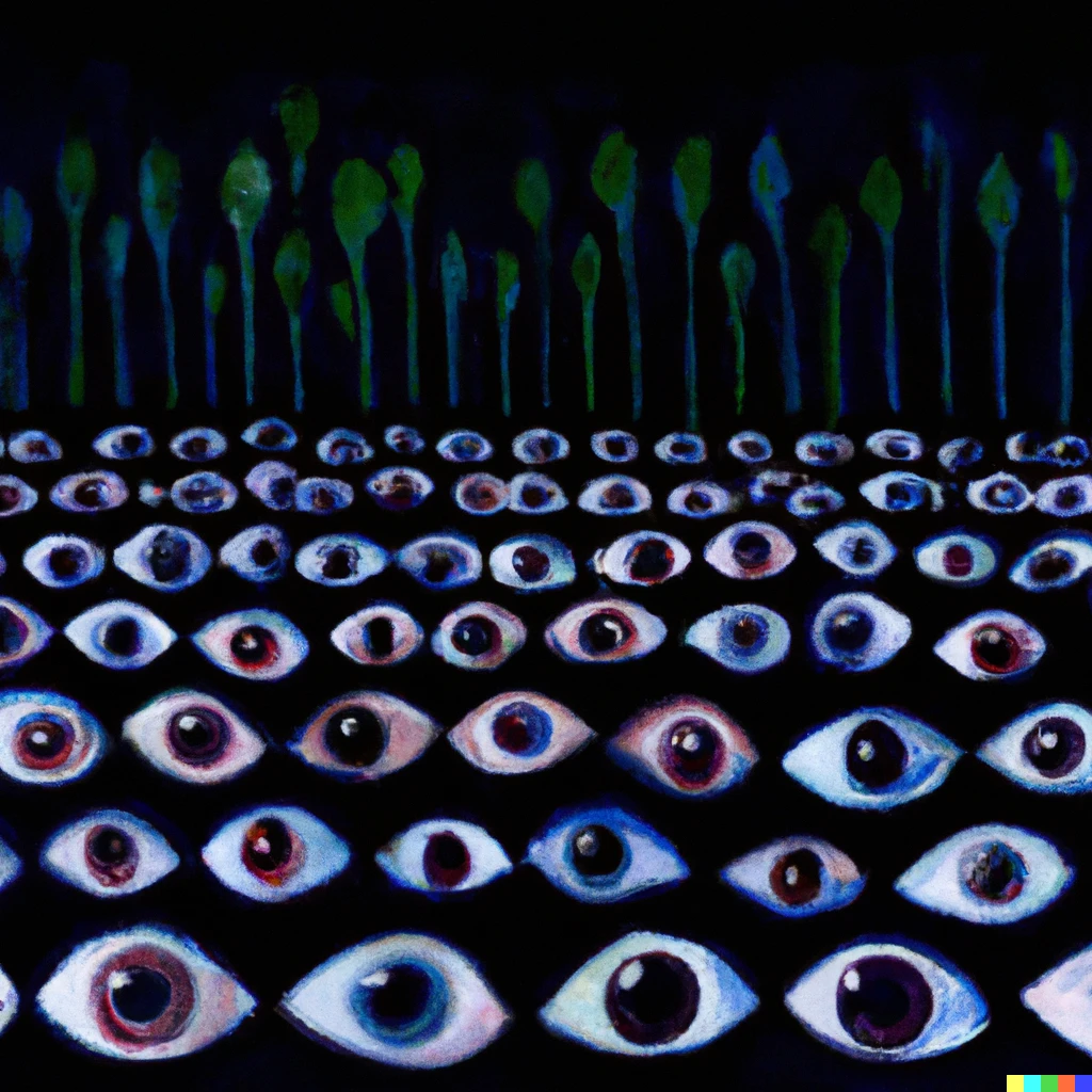 Prompt: Human eyes growing out of orderly rows in a dark field, made in watercolor