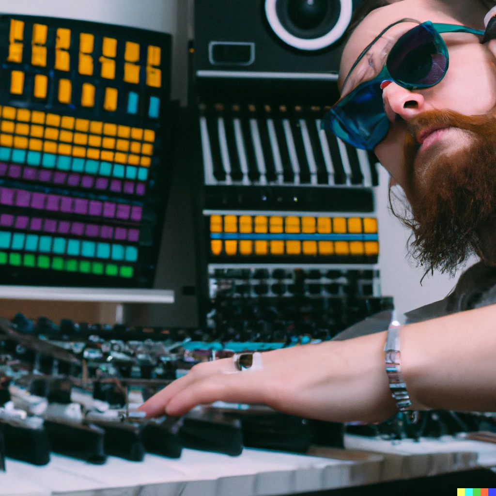 Prompt: A photo of man with glasses and beard using many synthesizers and drum machines