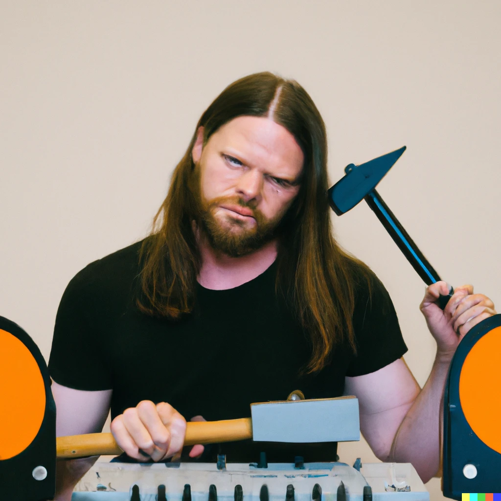 Prompt: Photo of The Aphex Twin looking bored hitting a drum machine with a hammer