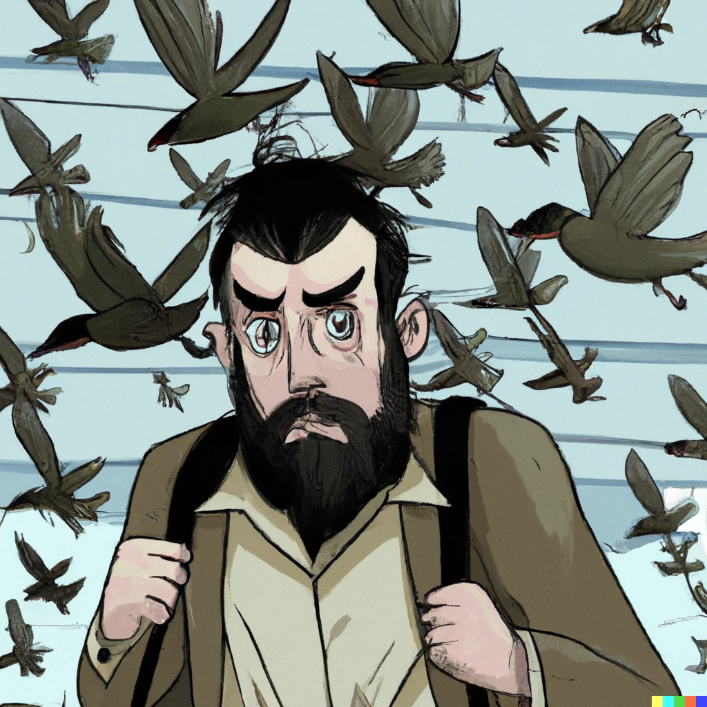 Prompt: An illustration of bearded man with a top knot being chased by hundreds of sparrows through a haunted airport