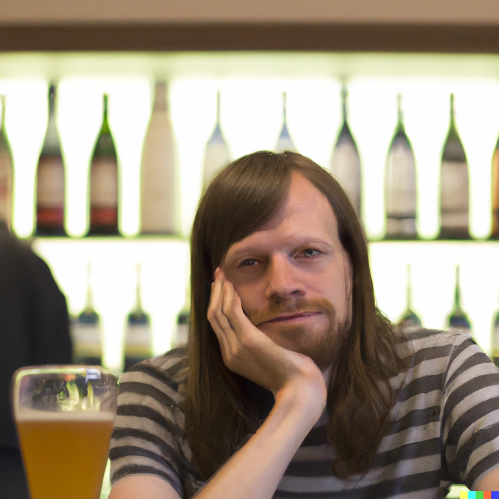 Prompt: Photo of The Aphex Twin looking bored in a pub