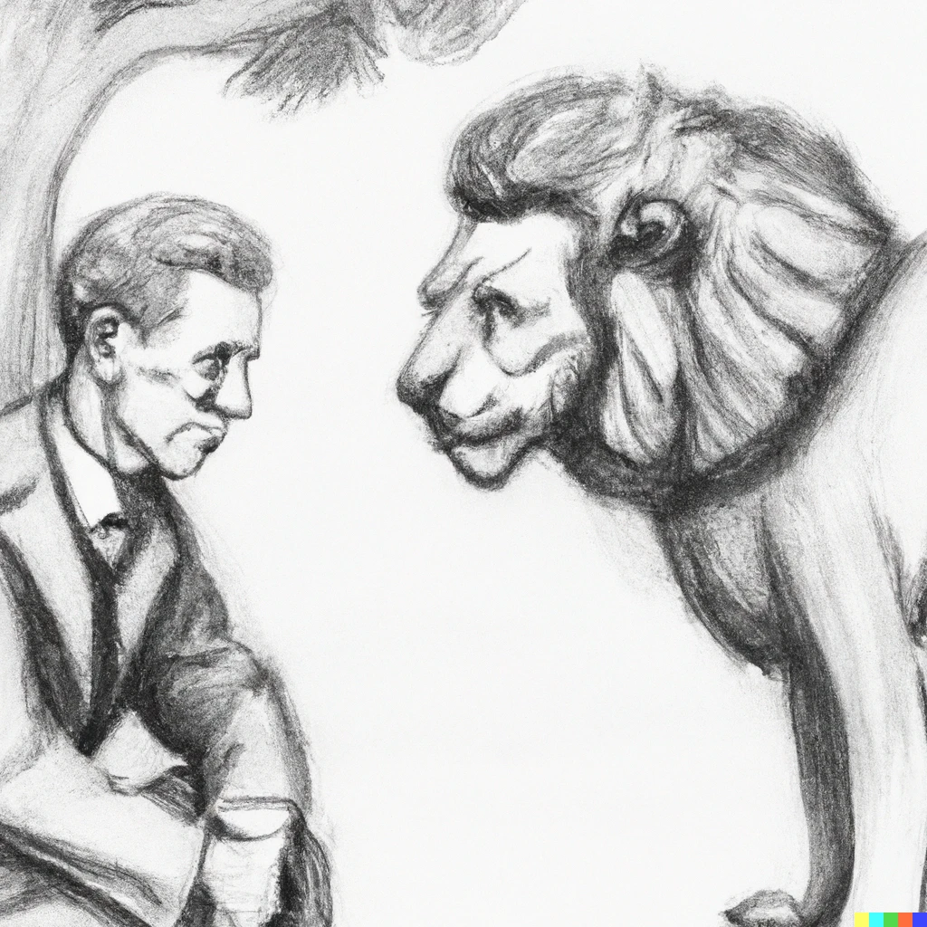 Prompt: A pencil drawing of Ludwig Wittgenstein talking to a lion