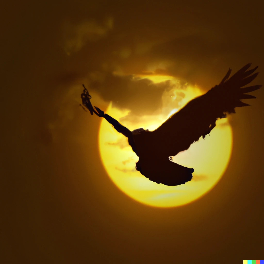 Prompt: Black eagle forward the sun