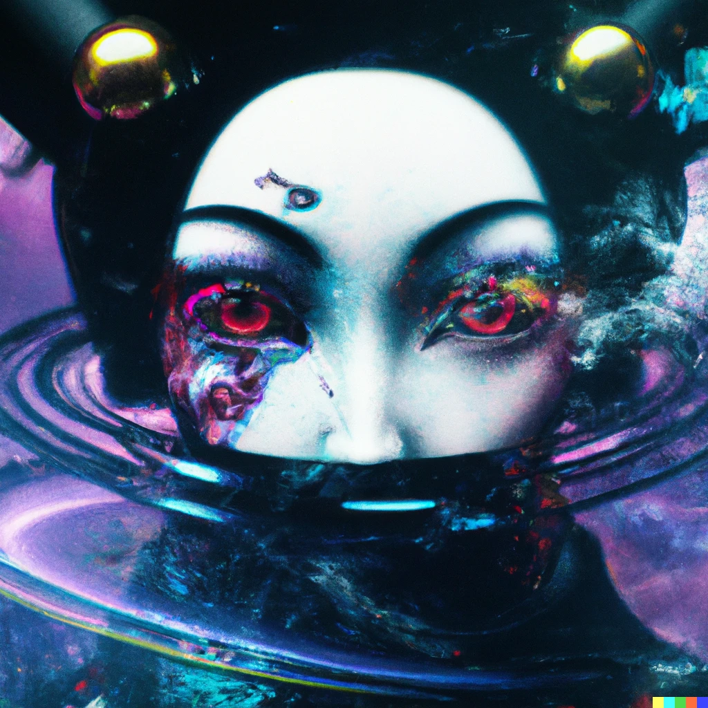 Prompt: a geisha with eyes reflecting a nebula in outer space, cyberpunk hyper-detail 3d