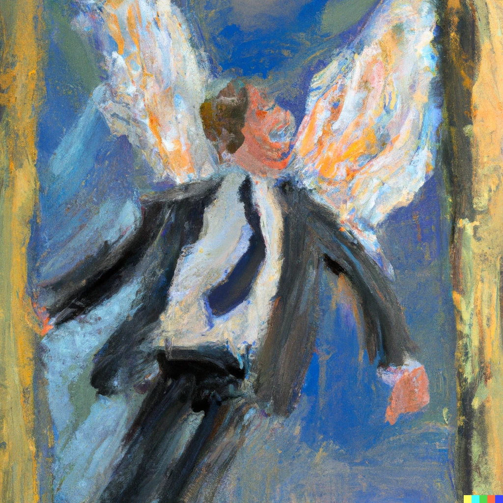 Prompt: An impressionist painting on oil of a happy whitecollar worker with wings flying out of the office window. 