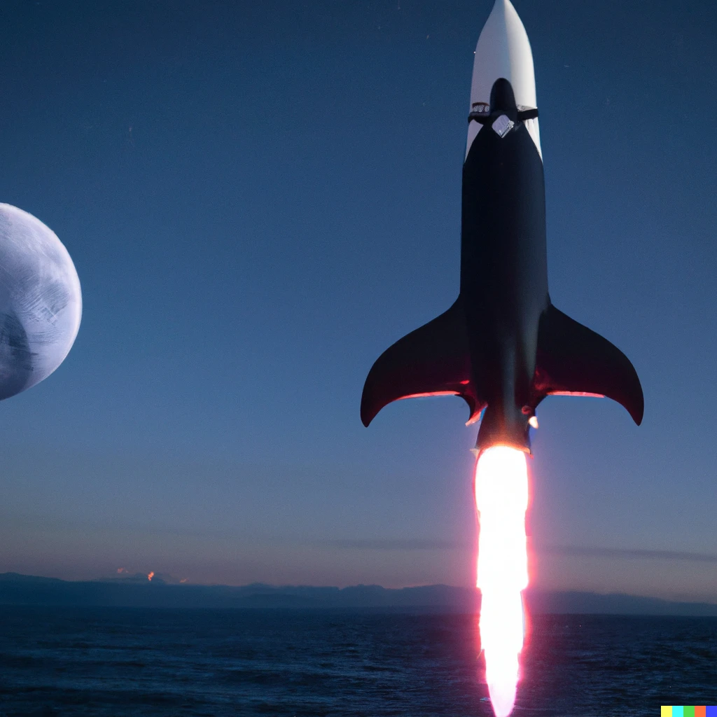 Prompt: A spacex starship s24 rocket as a orca whale in outer space with full rocket thrust to Mars in a realistic photo style