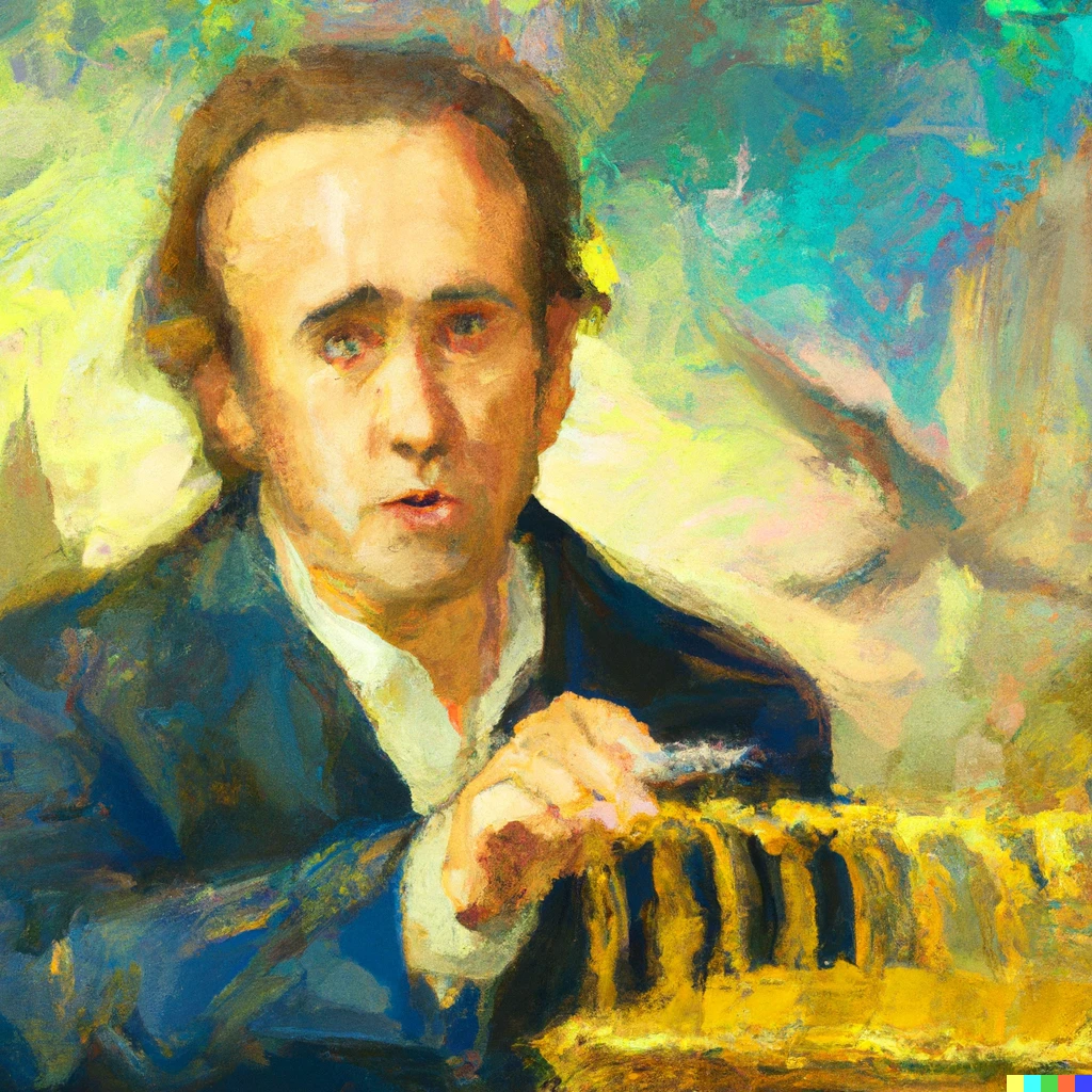 Prompt: Nicholas cage stealing the Declaration of Independence in the style of monet 
