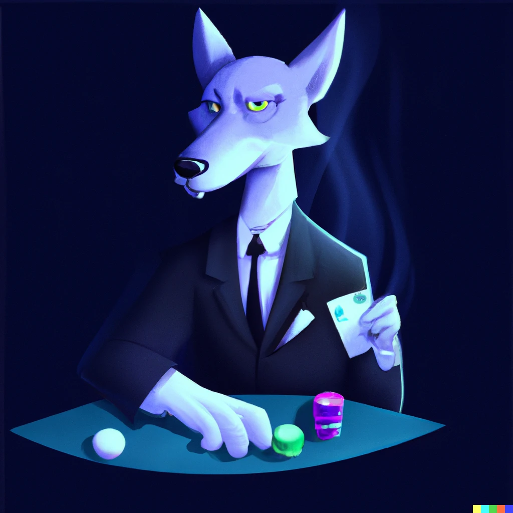 Prompt: Blue humanoid wolf in a suit playing poker, digital art