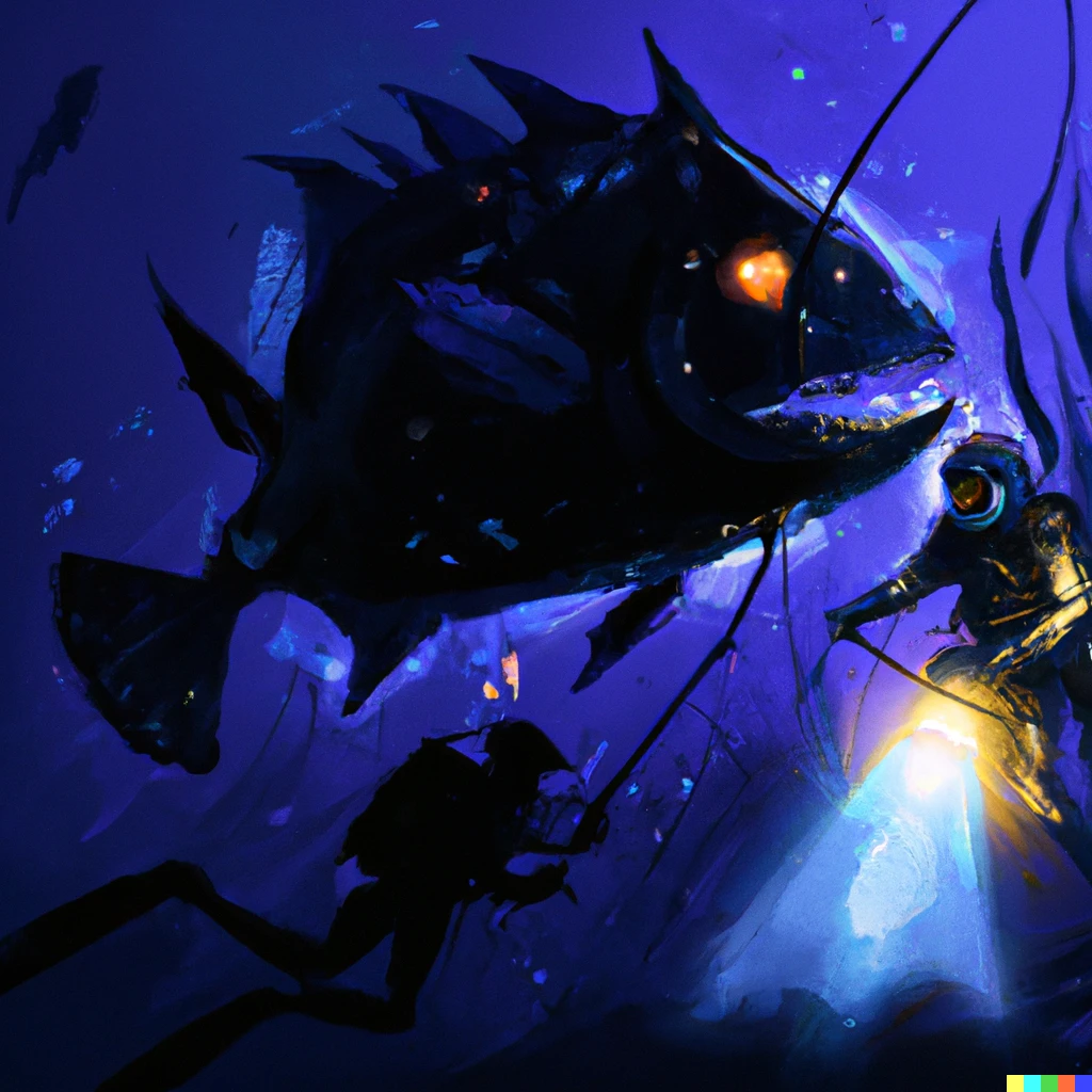 Prompt: underwater scuba divers with lights shining on glowing giant angler fish, digital art