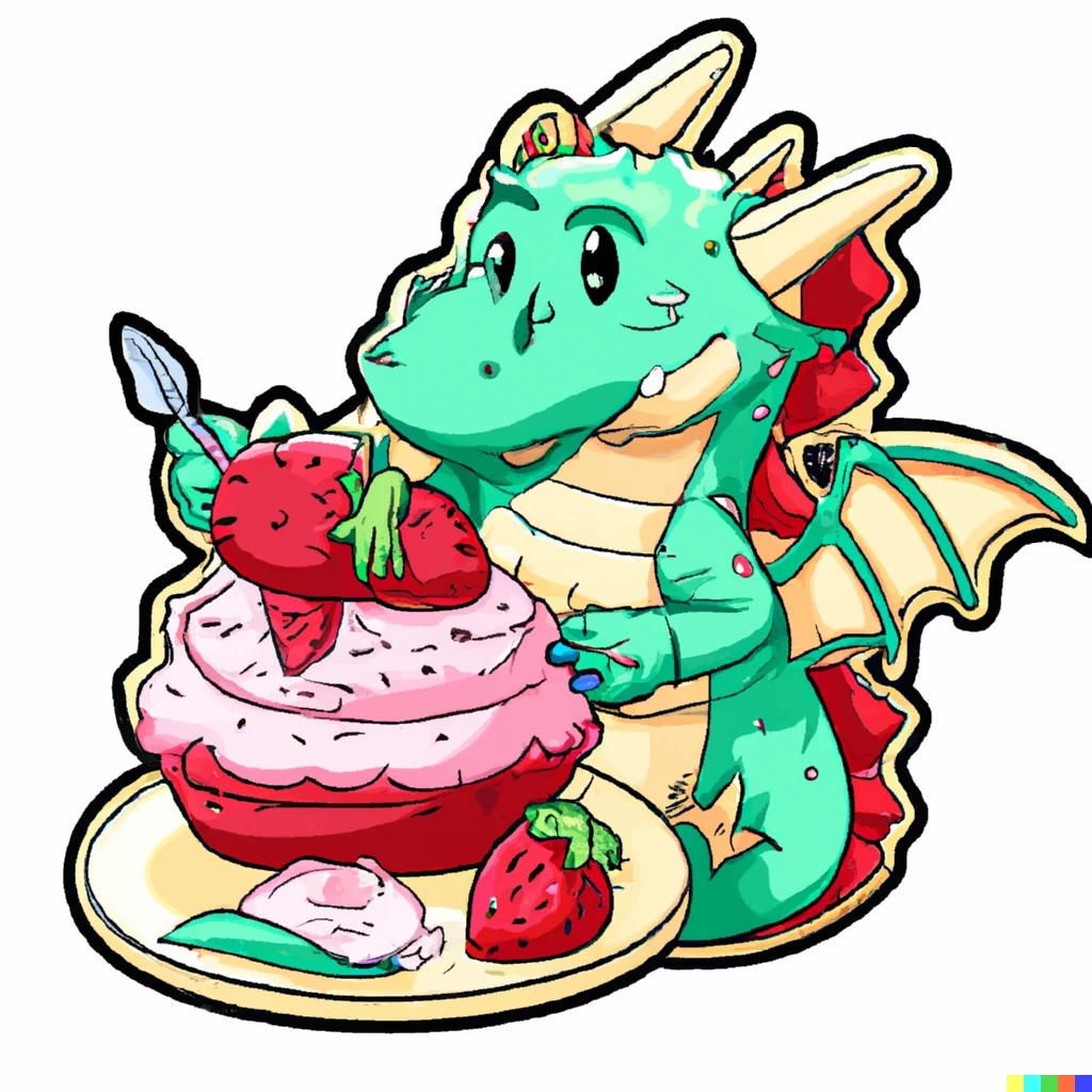 Prompt: green dragon making pink strawberry cake, adobe illustration sticker svg