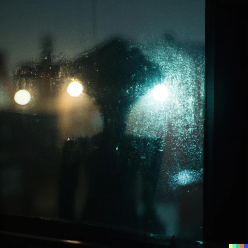 Prompt: 50mm shot of a shadowy alien, Inside of a rainy window looking out on to a dark scary village with industrial lights